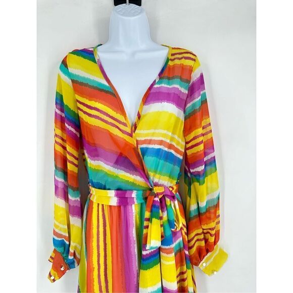 Corrida Women's Rainbow Striped Balloon Sleeve Wrap Maxi Dress Multi-Color Small - Picture 3 of 9